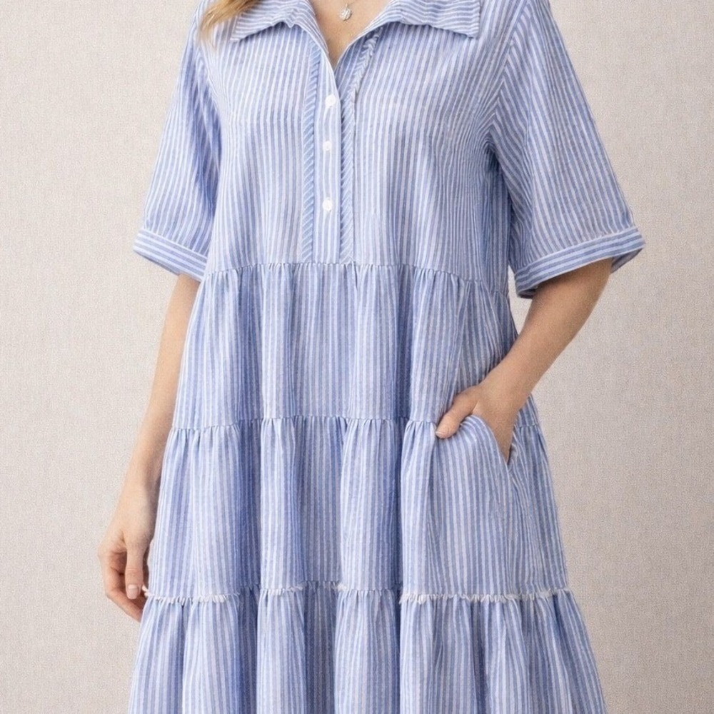 Umgee USA Womens Blue White Striped Tiered Midi Dress Short Sleeve Small Boho